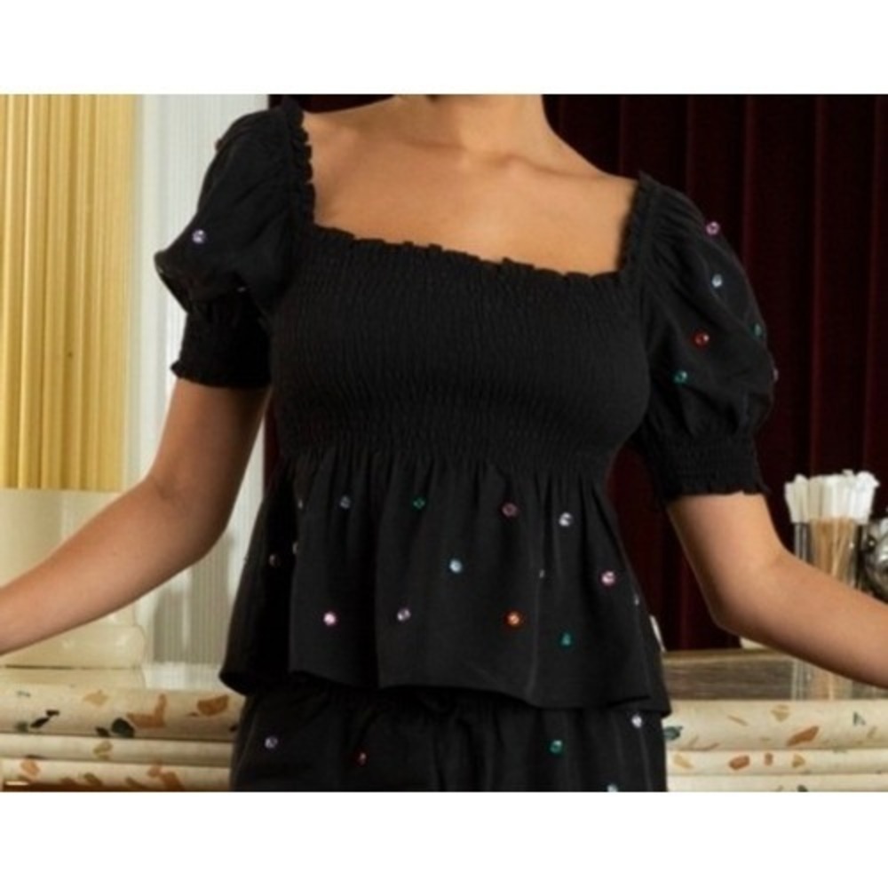 Hill House Beaded Babydoll Top Smocked Puff Sleeve Blouse Women's Small Stretch - Picture 3 of 8